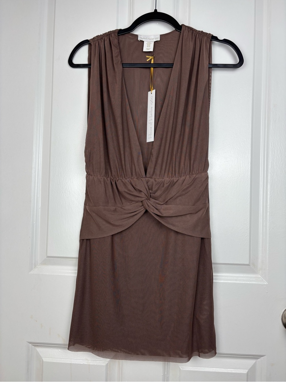 NWT House of Harlow 1960 Taupe Mesh Twist Front Cocktail Dress XS Sheer Line